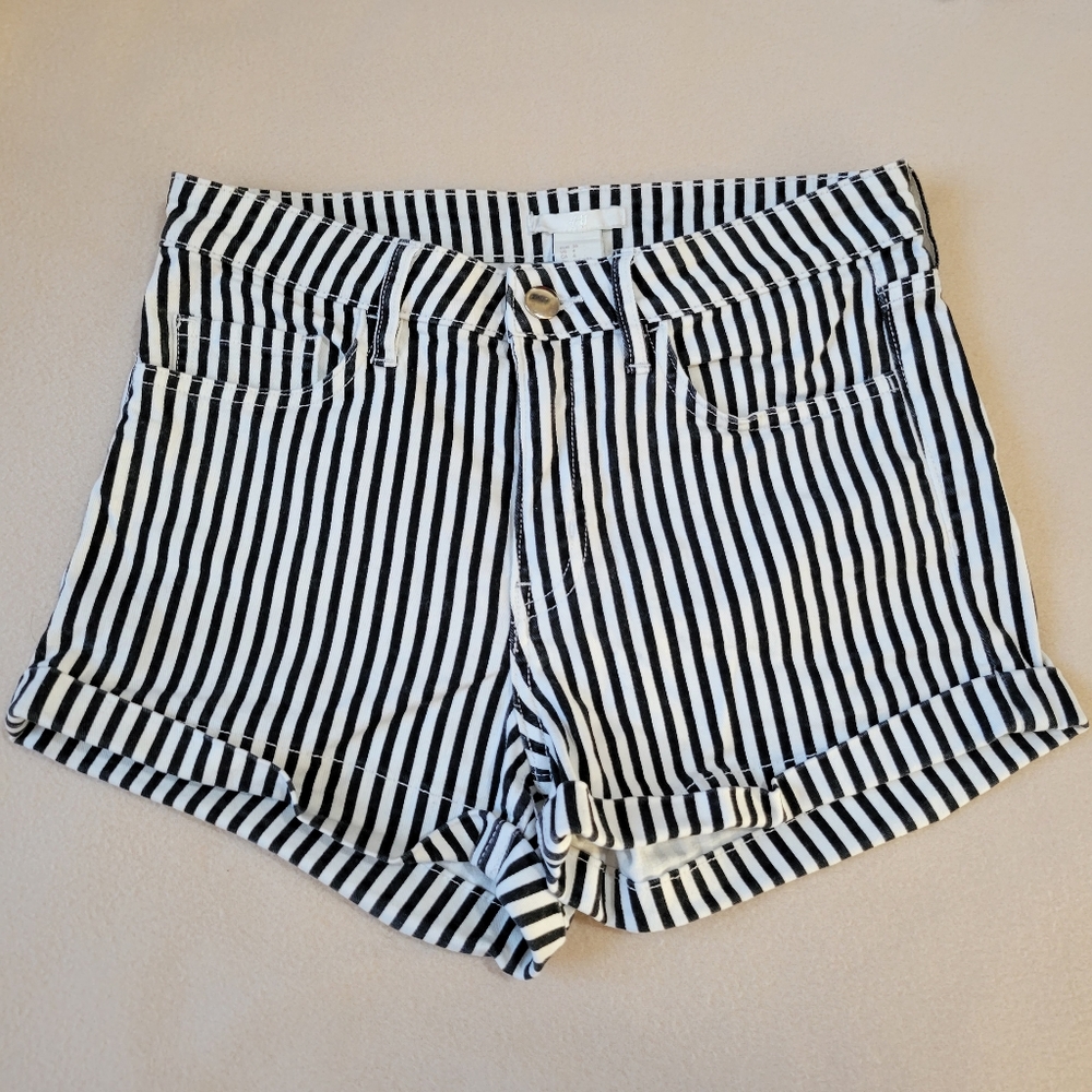 H&M Black & White Striped Denim Shorts